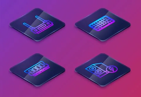 Set Isometric line Router and wi-fi signal, RAM, random access memory, Keyboa Illustrazione stock