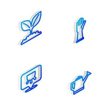 Set Isometric line Rubber gloves, Plant, Udder and Watering can icon. Vector Stock Illustration