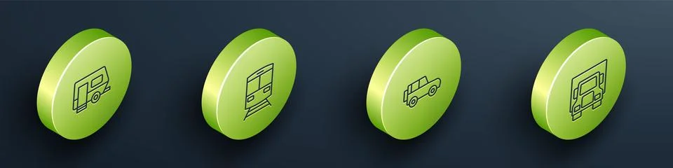 Set Isometric line Rv Camping trailer, Train and railway, Off road car and .. Stock Illustration