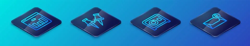 Set Isometric line Safe, Browser with stocks market, Mail and e-mail and Push Stock Illustration