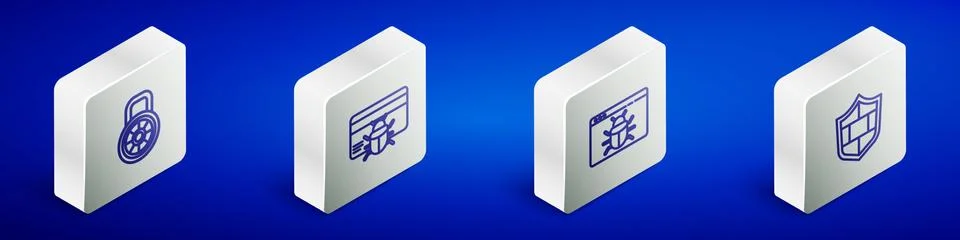 Set Isometric line Safe combination lock, System bug credit card, and Shield Stock Illustration