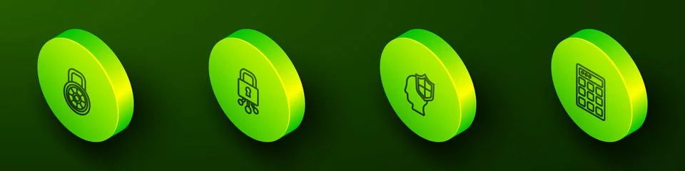 Set Isometric line Safe combination lock, Cyber security, Head with shield and Illustrazione stock