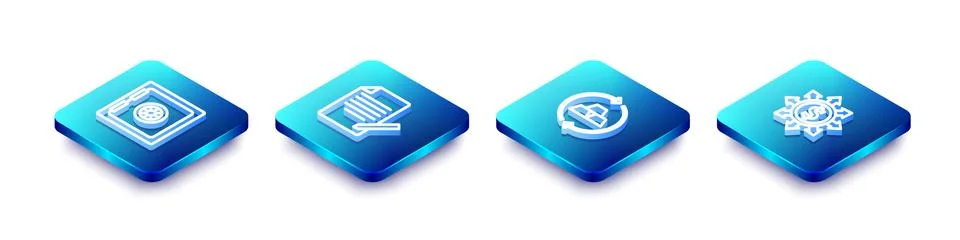 Set Isometric line Safe, Document and pen, Gold bars and Dollar, share, network イラスト素材