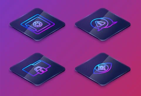 Set Isometric line Safe, Folder and lock, Exclamation mark in triangle and Eye Stock Illustration