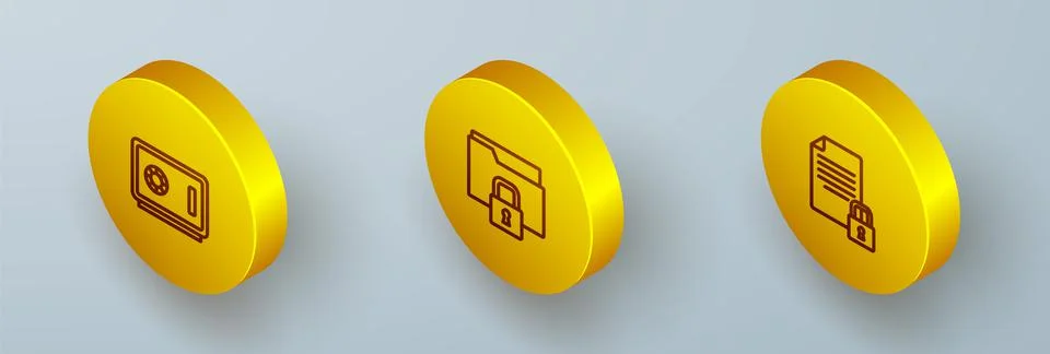 Set Isometric line Safe, Folder and lock and Document icon. Vector 스톡 일러스트