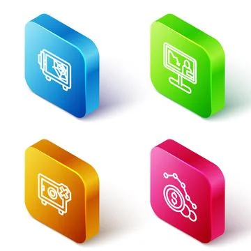 Set Isometric line Safe, Global economic crisis news, and Dollar rate decrease Illustrazione stock