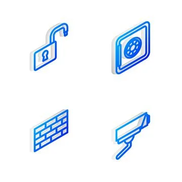 Set Isometric line Safe, Open padlock, Firewall, security wall and Security Illustrazione stock