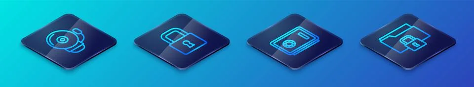 Set Isometric line Safe, Ringing alarm bell, Folder and lock and Lock icon Stock Illustration