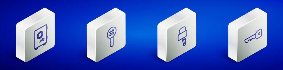 Set Isometric line Safe, Wrong key, Lock picks for lock picking and Key icon Stock Illustration