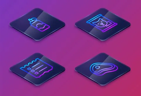 Set Isometric line Sauce bottle, Shopping list, Canned food and Steak meat. Blue Ilustração Stock