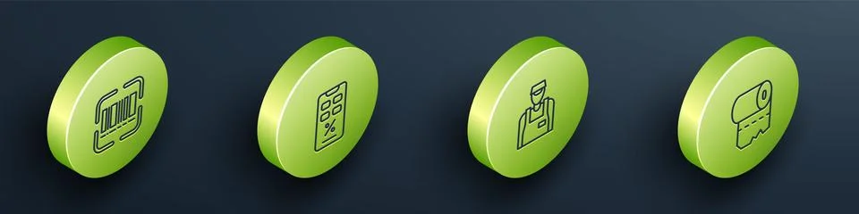 Set Isometric line Scanner scanning bar code, Percent discount and mobile Illustrazione stock