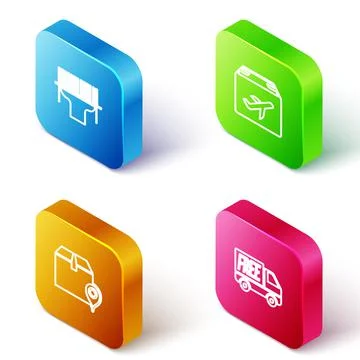 Set Isometric line Scanner scanning bar code, Plane and cardboard box, Location Illustrazione stock