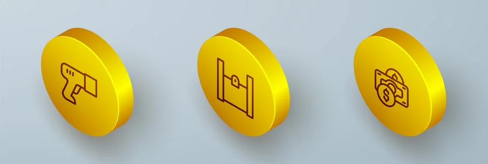 Set Isometric line Scanner scanning bar code, Paper shopping bag and Stacks 스톡 일러스트