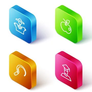 Set Isometric line Scarecrow, Apple, Sickle and Graduate and graduation cap.. Stock Illustration
