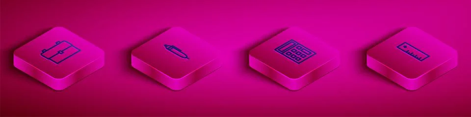 Set Isometric line School backpack, Pen, Calculator and Ruler icon. Vector イラスト素材