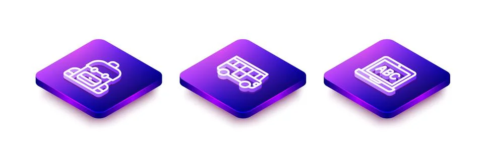 Set Isometric line School backpack, Bus and Laptop icon. Vector Stockillustratie