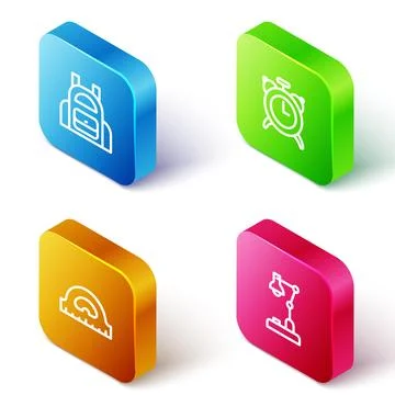Set Isometric line School backpack, Alarm clock, Protractor grid and Table .. イラスト素材