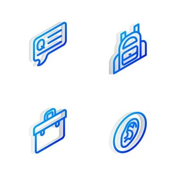 Set Isometric line School backpack, Speech bubbles with Question, Briefcase.. Stock Illustration