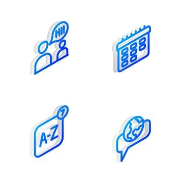 Set Isometric line School timetable, Two sitting men talking, Online transl.. Stock Illustration