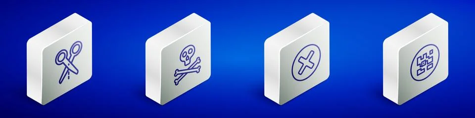 Set Isometric line Scissors with cut line, Bones and skull warning, X Mark Stock Illustration