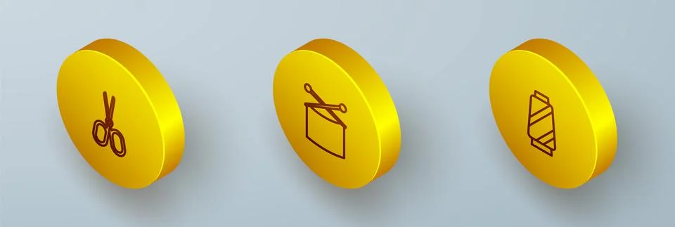 Set Isometric line Scissors, Knitting needles and Sewing thread on spool icon Illustrazione stock
