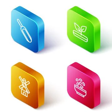 Set Isometric line Scoop flour, Sprout, Windmill and Seeds bowl icon. Vector Stock Illustration
