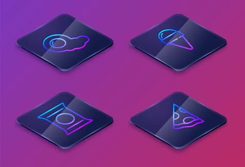 Set Isometric line Scrambled eggs, Bag or packet potato chips, Ice cream in Stock-Illustration