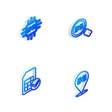 Set Isometric line Search 5G network, Processor, Sim card and Location icon Stock Illustration