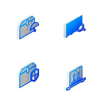 Set Isometric line Search barcode, Delivery package with umbrella, box security Illustrazione stock