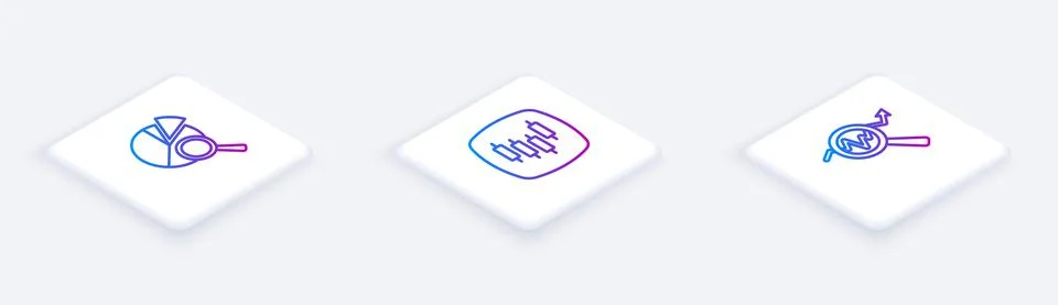 Set Isometric line Search data analysis, Browser with stocks market and . White Illustrazione stock