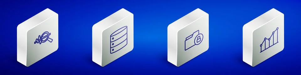Set Isometric line Search data analysis, Server, Folder and lock and Pie chart Stock Illustration