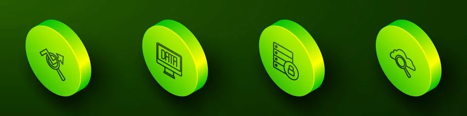Set Isometric line Search data analysis, Data, Server security with padlock.. Stock Illustration