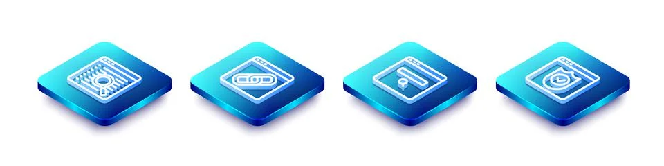 Set Isometric line Search engine, Browser window, and with shield icon. Vector Stock Illustration