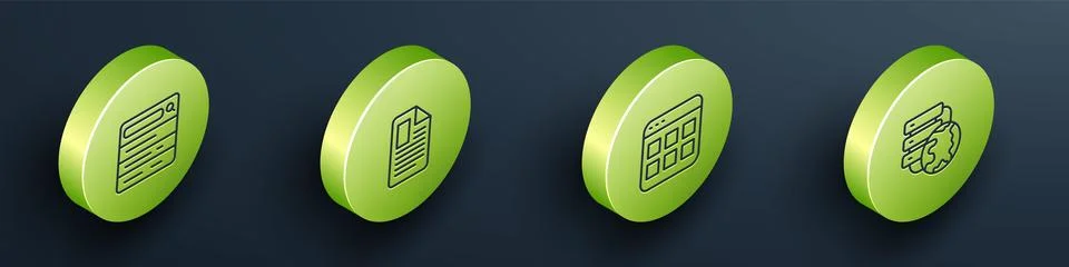Set Isometric line Search engine, File document, Browser files and Network cloud Stockillustratie