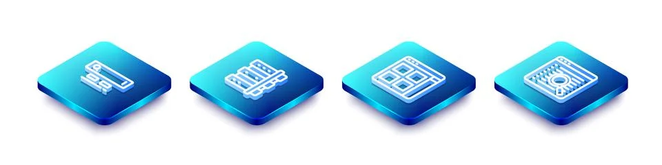 Set Isometric line Search engine, Server, Browser files and  icon. Vector Stock Illustration