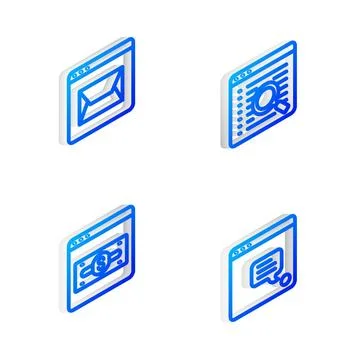 Set Isometric line Search engine, Website and mail, Online shopping on scre.. Stock Illustration