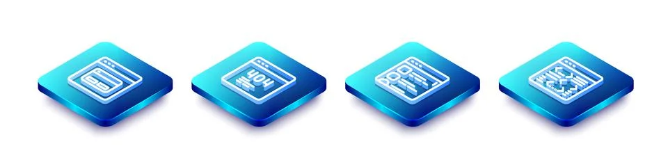 Set Isometric line Search engine, Page with 404 error, Browser files and So.. Stock Illustration