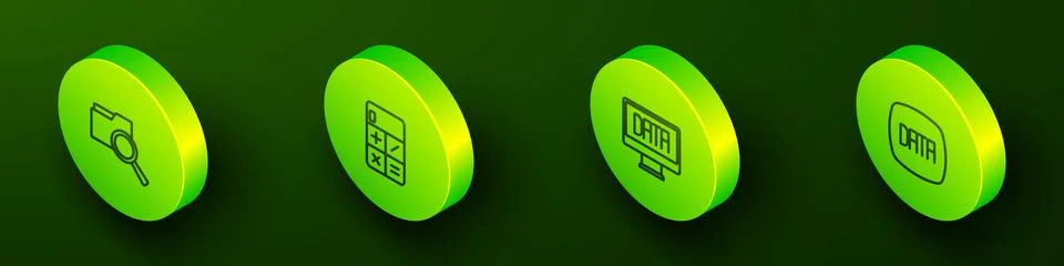 Set Isometric line Search with folder, Calculator, Data analysis and icon 스톡 일러스트