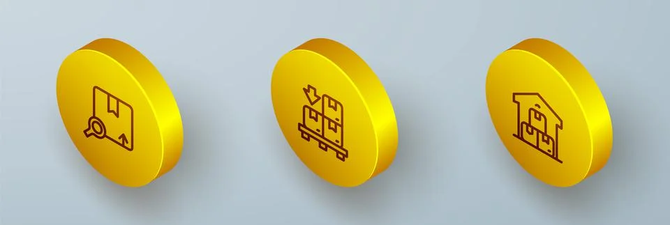 Set Isometric line Search package, Cardboard boxes on pallet and Full warehouse Stock Illustration