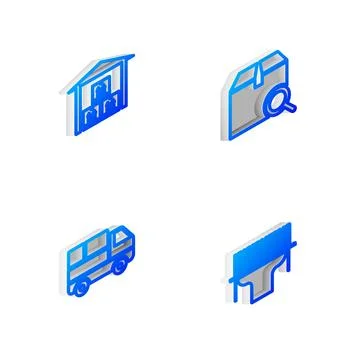 Set Isometric line Search package, Warehouse, Delivery truck with boxes and Stock Illustration