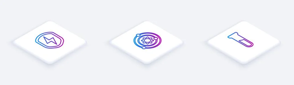 Set Isometric line Secure shield with lightning, Solar system and Test tube and Stock-Illustration