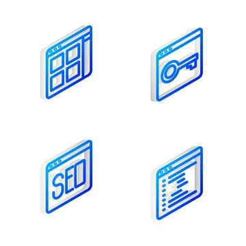 Set Isometric line Secure your site with HTTPS, SSL, Browser files, SEO opt.. Illustration