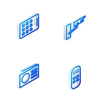 Set Isometric line Security camera, Graphic tablet, Radio and Remote control Stock Illustration