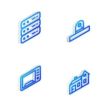 Set Isometric line Security camera, Server, Data, Web Hosting, Microwave oven Stock Illustration