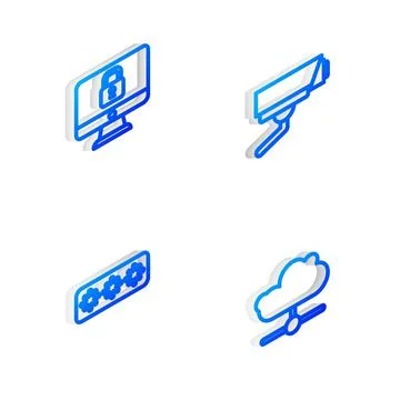 Set Isometric line Security camera, Lock on computer monitor, Password Stock Illustration
