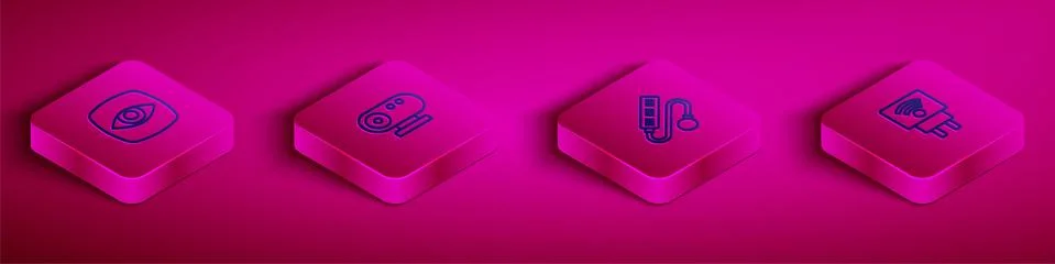 Set Isometric line Security camera, Web, Electric extension cord and Smart Stock Illustration