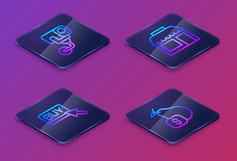 Set Isometric line Security camera, Buy button, Market store and Price tag for Stock Illustration