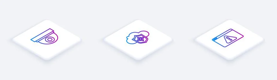 Set Isometric line Security camera, Cloud and shield and Browser with Stock Illustration