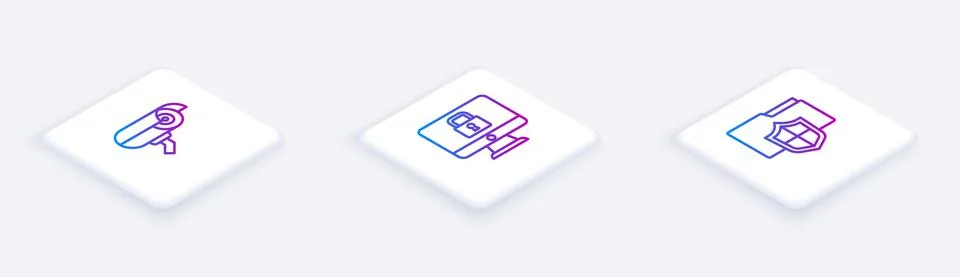 Set Isometric line Security camera, Lock on monitor and Document folder Illustrazione stock