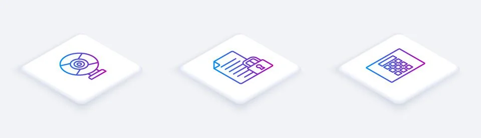 Set Isometric line Security camera, Document and lock and Password protection Illustrazione stock